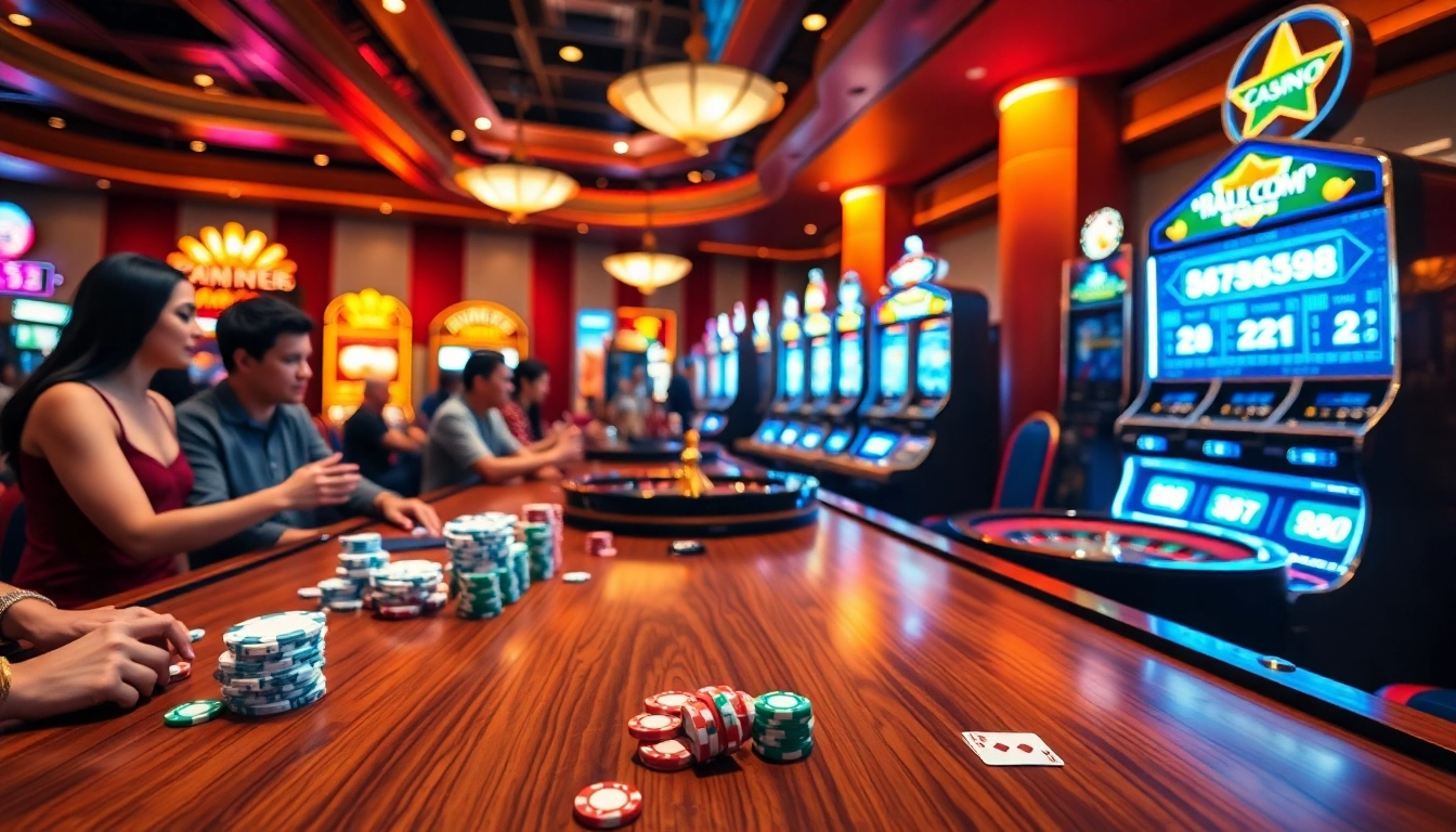 A thrilling scene at nhà cái five88 featuring poker chips, roulette wheels, and colorful slot machines in a vibrant casino atmosphere.