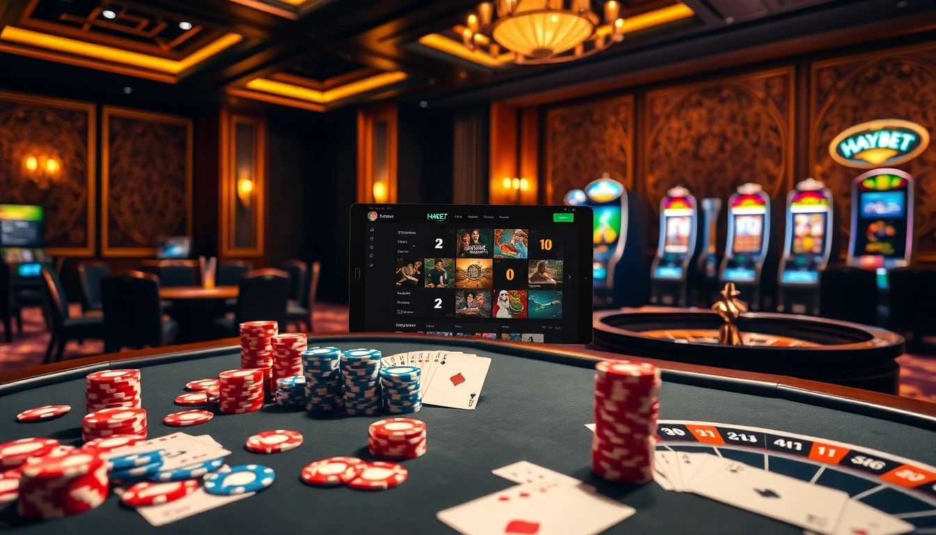 Experience high-stakes gambling at HAYBET with vibrant poker chips and a thrilling roulette wheel.