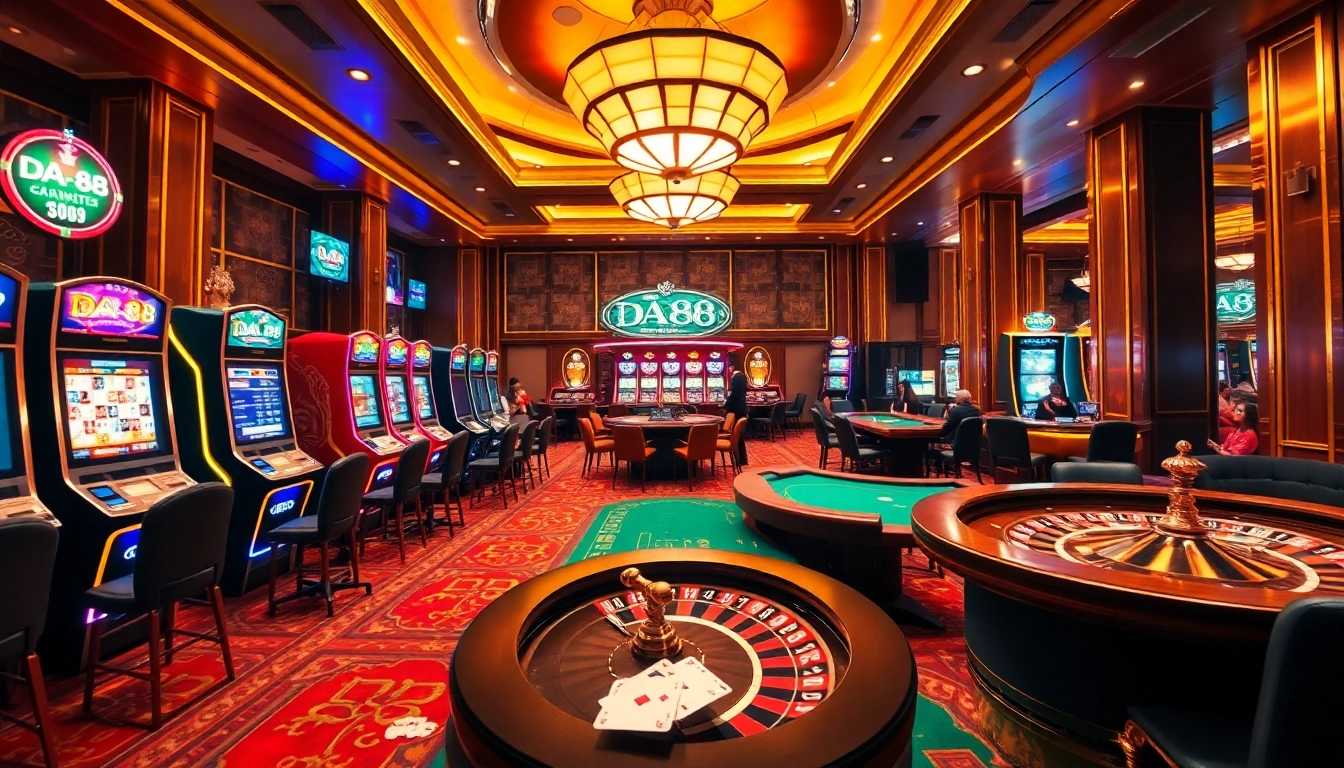 Players placing bets at DA 88's vibrant casino tables filled with poker chips and cards.