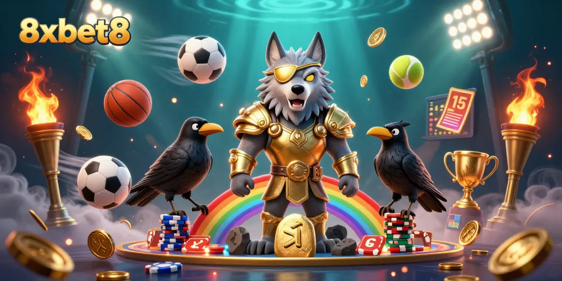 Engage with 8xbet8's vibrant Norse-inspired illustration showcasing a thrilling gambling experience.