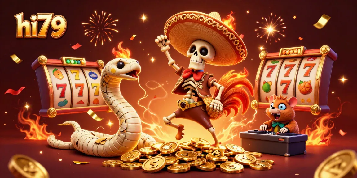 Spin the slots with hi79's vibrant casino characters celebrating amidst golden treasures.