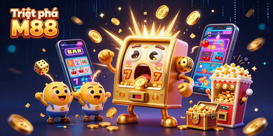 Triệt phá M88 showcases a golden slot machine hitting a jackpot, surrounded by playful elements.