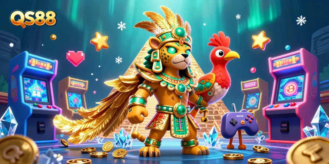 Engage with QS88 gaming, featuring a Mayan jaguar priest amid vibrant casino elements in 3D.
