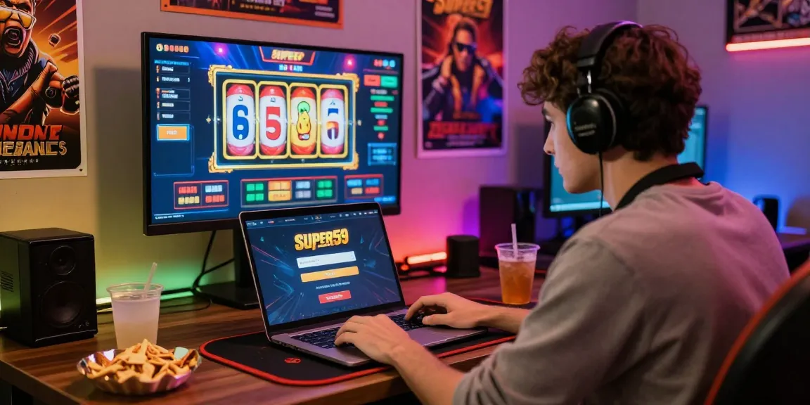Super59 login tampilan antarmuka dengan pemain game online di latar belakang penuh warna.