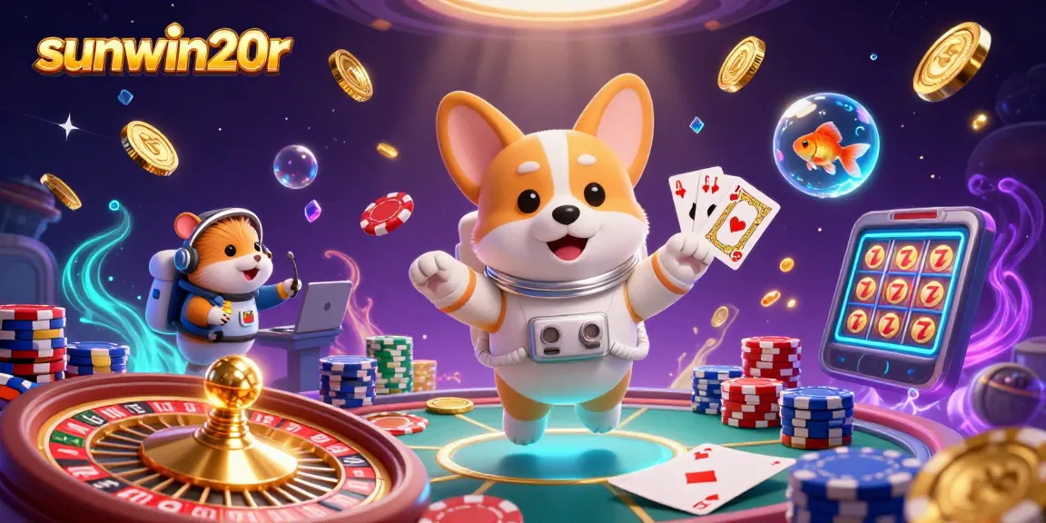 Succeed at sunwin20r with a lively casino scene, featuring a corgi and exciting gaming elements.